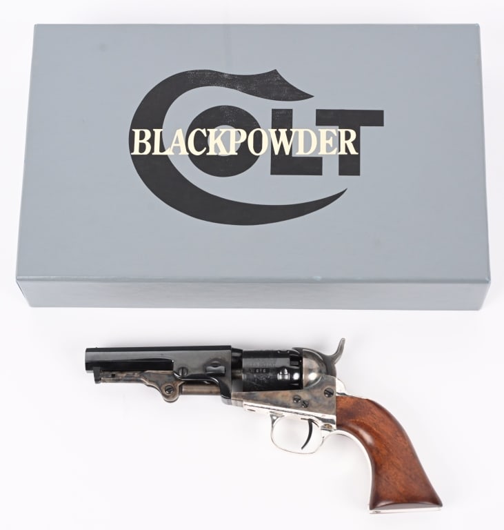 COLT SIGNATURE SERIES MODEL 1849 POCKET REVOLVER: SERIAL NUMBER 341979 BARREL 4" CALIBER .31 PERCUSSION MANUFACTURED CIRCA 2000. Offered by Colt flip top grey cardboard Colt monogrammed box with 4" blue finished barrel , 5 shot non-fluted cylinder wi
