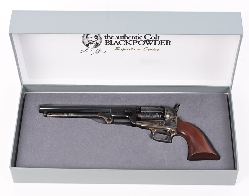 COLT SIGNATURE SERIES 1851 NAVY REVOLVER W/ BOX: SERIAL NUMBER 34383 BARREL 7 1/2" CALIBER .36 PERCUSSION MANUFACTURED CIRCA 2000. Offered by Colt as a continuation of the original production with High polish royal blue octagon barrel with 6 shot no
