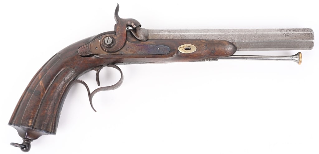 BELGIAN OCTAGON BARRELED BELT PISTOL 70 CALIBER: Large bore percussion 70 caliber rifled Belgian Belt pistol with fluted walnut stock and damascened octagon barrel. No makers markings. CONDITION good as refinished with dark bore and working lock wit