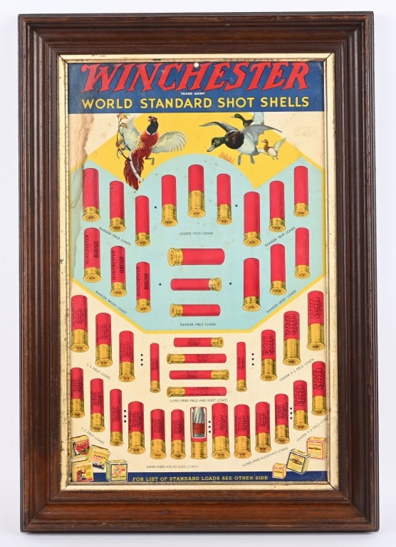 1930's WINCHESTER SHOTSHELLS CARDBOARD AD: 12.5 X 21 ". Full color litho on heavy cardboard features the "WORLD STANDARD SHOTSHELLS" All images of shotgun boxes in corners are the post 1926-28 one piece. Colors are bright but there is some sta