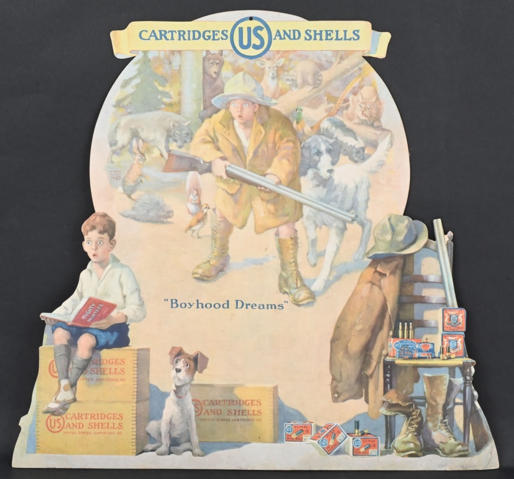 1923 US CARTRIDGES BOYHOOD DREAMS EASLE BACK: 18 X 17. Delightful full color heavy cardboard images of children , dogs, guns and ammo. Complete, no visible repairs, pastel tones, intact easel back.