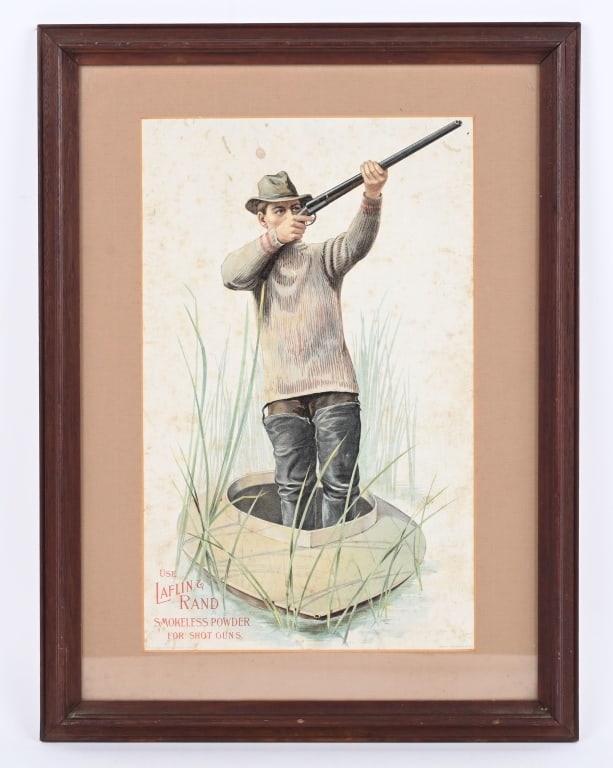 1899 LAFLIN & RAND SMOKELESS POWDER CARDBOARD AD: 8X13", Framed to 13 x19", full color dated litho for early smokeless gun powder with great early image of duck hunter using a hammerless box lock double in his early waders. Excellent with some scatte
