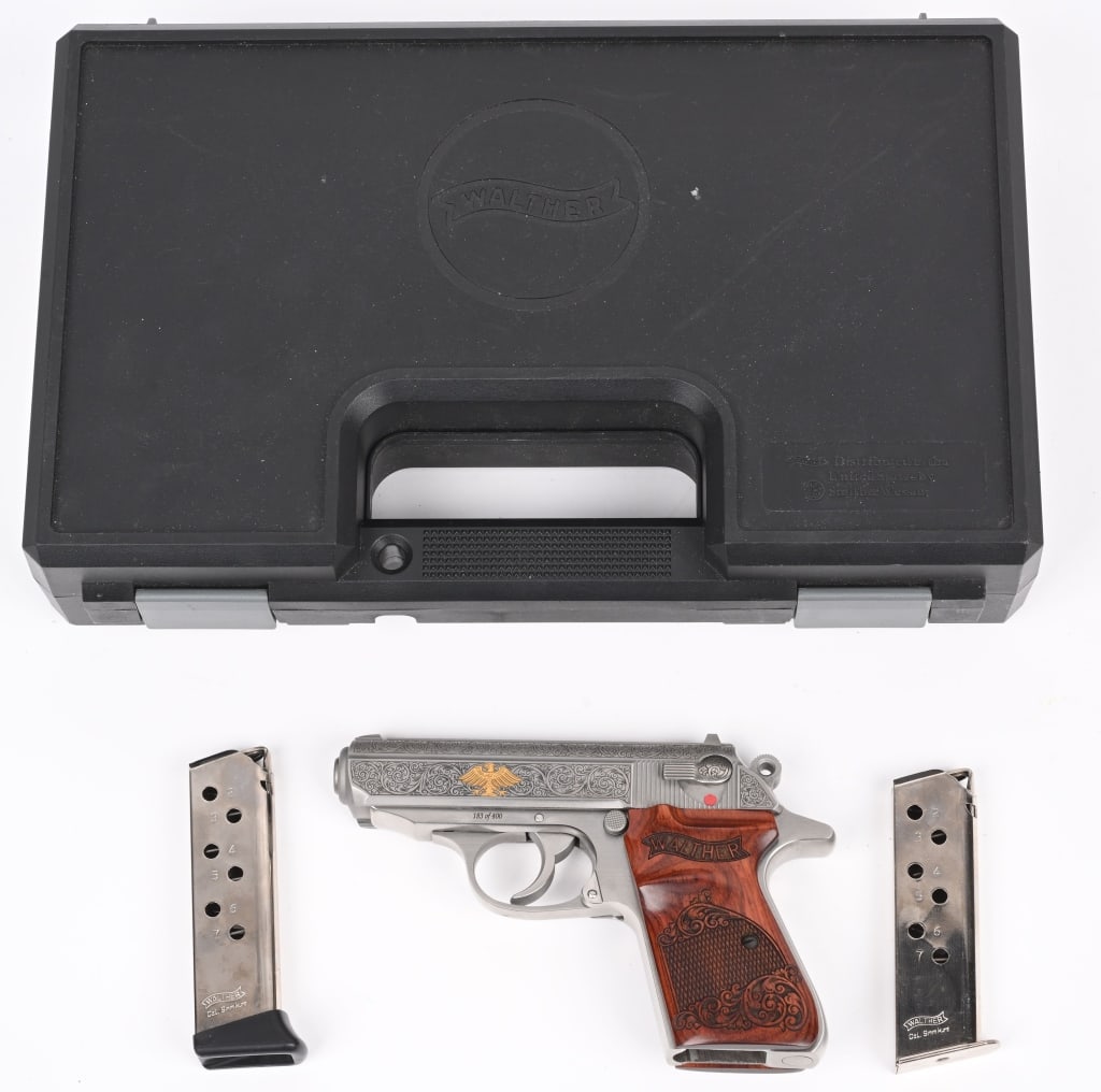 ENGRAVED WALTHER PPK/S FEDERAL EAGLE WITH CASE: SERIAL NUMBER: 9743BAS. BARREL: 3-1/4". CALIBER: .380 ACP. MANUFACTURED: 2012. made by Smith & Wesson to be a Talo Distributor exclusive. "183 of 400" marked on the left side of the frame. Standard si