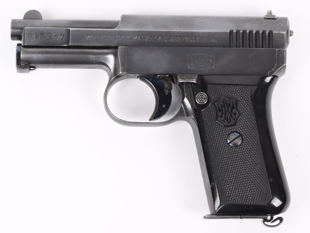 PORTUGUESE CONTRACT MAUSER MODEL 1910 25 PISTOL: SERIAL NUMBER 343297 BARREL 3" CALIBER 6.35 / .25 ACP MANUFACTURED CIRCA 1914. Manufactured by Mauser with rust blue finish and niter blue finished trigger and controls. Checkered bakalite one piece g