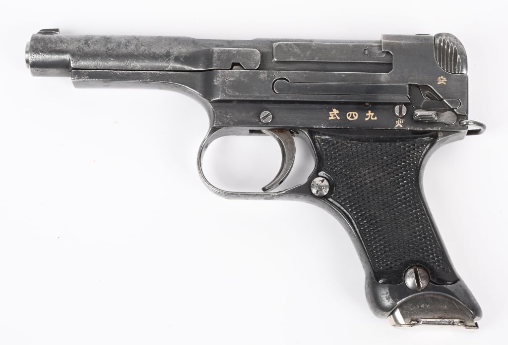JAPANESE TYPE 94 NAMBU PISTOL NAGOYA-1ST YEAR: SERIAL NUMBER 168 BARREL 3 3/4" CALIBER 8MM NAMBU MANUFACTURED AUG 1935. Introduced as a replacement for the Type 14 Nambu but was adopted as a secondary arms with production continuing of both models