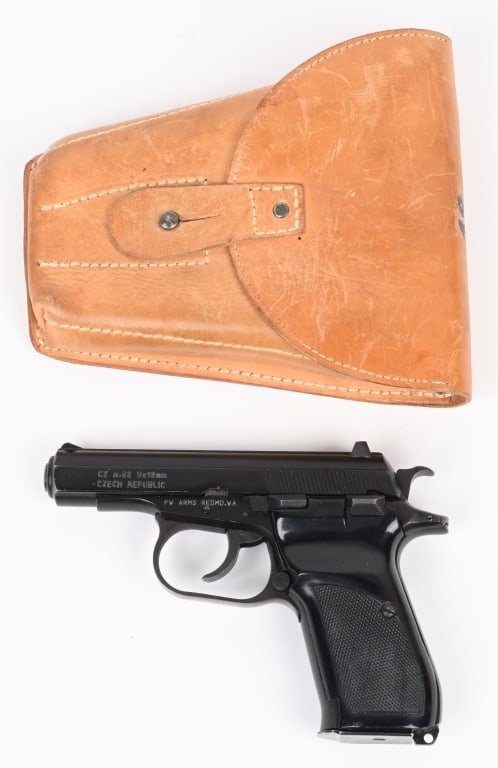 CZECH CZ-82 SEMI AUTO PISTOL WITH RIG: SERIAL NUMBER: 030782. BARREL: 3-3/4". CALIBER: 9X18 MAKAROV. MANUFACTURED: 1986. Standard marking and features. Import marked on the left side of the frame/slide. Matching serials. Factory sights, bl