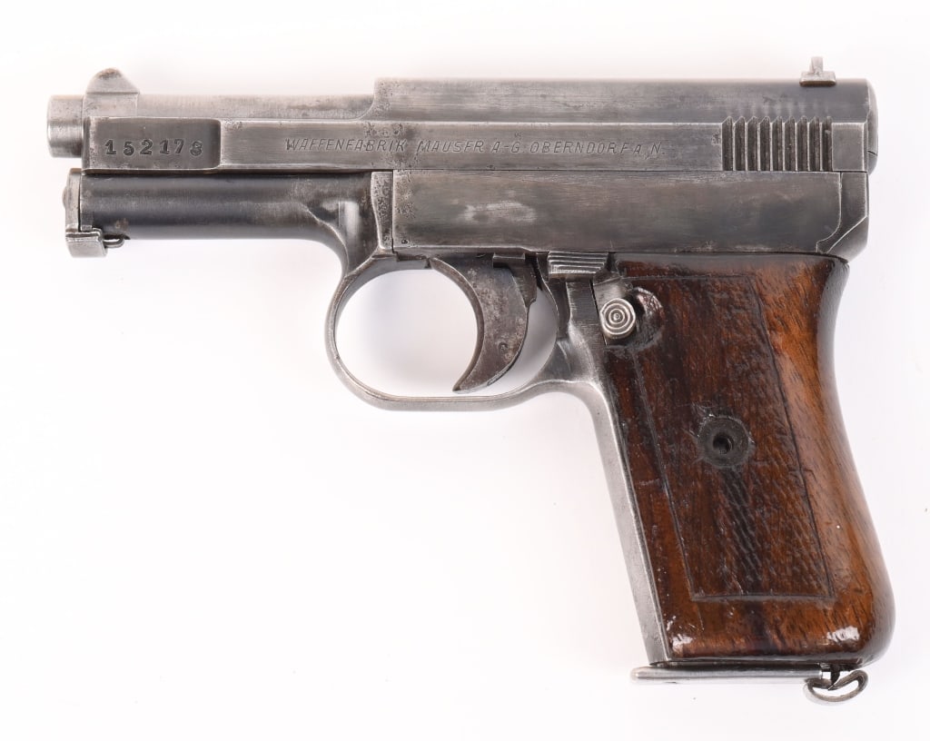 GERMAN MAUSER MODEL 1910 SEMI AUTO PISTOL: SERIAL NUMBER: 152178. BARREL: 3". CALIBER: .25 ACP. MANUFACTURED: 1910S. Oberndorf address on the left side of the slide. No import/export marks found. Matching serial numbers on the visible numbered