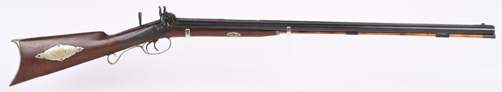 NELSON LEWIS TROY NY PERCUSSION COMBO GUN: BARRELS 30.5". CALIBER .44 / 20 GA. Rarely seen mid 19th century combo shotgun rifle sxs, back action locks, walnut half stock, maker stamped on rib, double fish head hammers, wrist mounted tang (loll