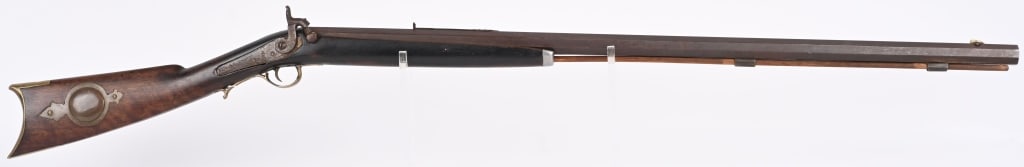 RICHARD BARR DATED 1856 1/2 STOCK SPORTING RIFLE: BARREL 35.5". CALIBER .45. Signed and dated 1856. Barr was from NYC. Features full octagon barrel, back action lock by Golcher, sporting rear sight, walnut half stock, pewter tip, single trigger, iron