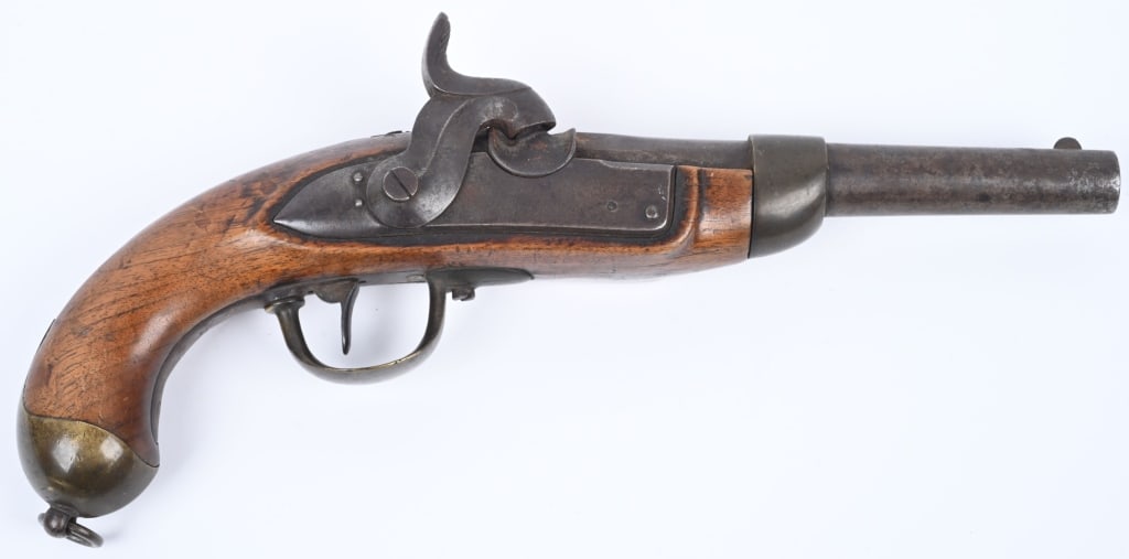 SWISS MODEL 1842 PERCUSSION MARTIAL PISTOL: Serial NUMBER N/A BARREL 8 1/4" CALIBER .69 Caliber SMOOTH BORE MANUFACTURED CIRCA 1840'S. This is a Liege-made pistol by Beuret Freres, and is so marked on the blunt-faced lock plate. The metal has a