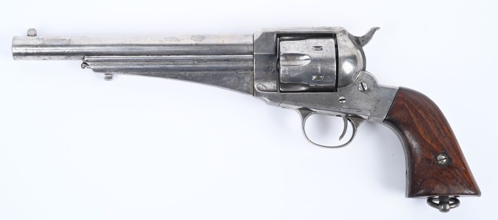 REMINGTON MODEL 1875 REVOLVER: SERIAL 187. BARREL 7.5". CALIBER 44 Which was originally marked on grips and are often worn as is this example. 1 5/8" cylinder either 44-40 or 44 Remington. Early example with pinched front sight and