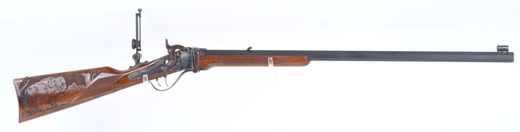EMF-IAB 1874 SHARPS SPORTING RIFLE: SERIAL 40113. BARREL 29". CALIBER 45-70. Features a matte finish full octagon barrel, case color frame, hammer, lever and butt plate. Double set triggers (set needs adjusting), checkered walnut stocks