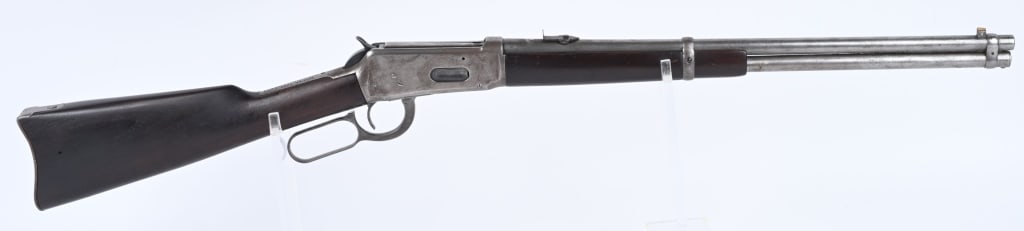 WINCHESTER MODEL 1894 SRC- 25-35: SERIAL 840094. BARREL 20". CALIBER 25-35. MADE IN 1916. Standard carbine with replaced rear sight, replaced blade, all gray metal, walnut stocks. Condition. Metal is smooth gray patina. wood is slight