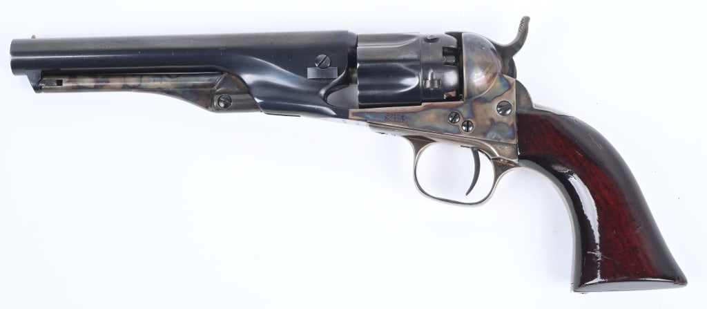 COLT 2ND GEN. MODEL 1862 POLICE REVOLVER: SERIAL 49319. BARREL 5.5". CALIBER .36. MADE 1979-80. Features blue and case color finish, silver plated straps, 5-shot, single action, one piece walnut grips. All proper Colt legends. Condition. Near