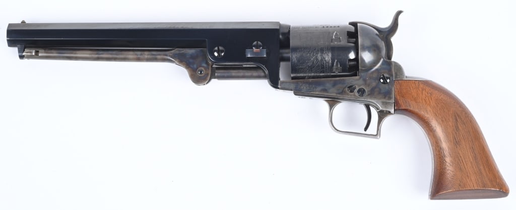 COLT 2ND GEN. MODEL 1851 NAVY REVOLVER: SERIAL 19256. BARREL 7.5". CALIBER .36. MADE 1ST YEAR 1974. Features octagon barrel, square back trigger guard, blue and case color finish, silver plated straps, one piece walnut grips. Condition. Nea