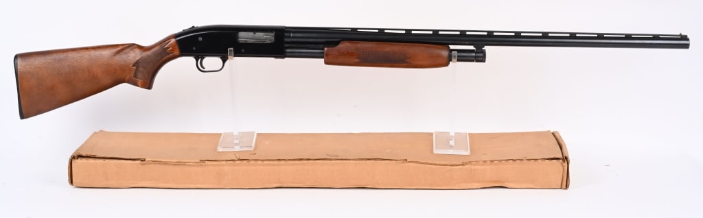 BOXED MOSSBERG MODEL 600AT PUMP SHOTGUN: SERIAL H009292. BARREL 30". GAUGE 12. CHAMBER 3". CHOKE FULL. LOP 14". Pistol grip hardwood stock blue finish vent rib barrel, black frame. In box. Condition. Near new with light handling and a couple