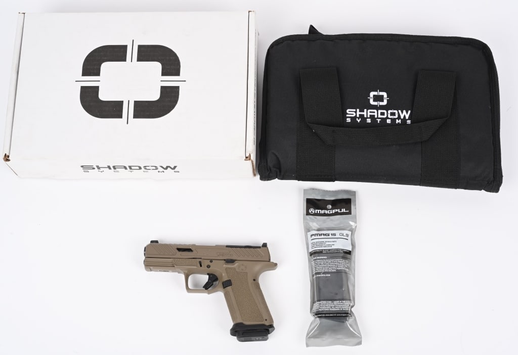 SHADOW SYSTEMS MODEL MR920 SEMI AUTO PISTOL: SERIAL NUMBER: SSC088491. BARREL: 4". CALIBER: 9MM LUGER. MANUFACTURED: 2020S. Based on the classic Glock design. Twist flute barrel. Night Vision sights, with green tritium front. Optics plate on the