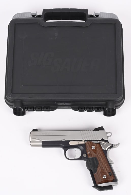 SIG SAUER 1911 C3 SEMI AUTO PISTOL WITH CASE: SERIAL NUMBER: GS78960. BARREL: 4-1/4". CALIBER: .45 ACP. MANUFACTURED: 2012. Standard markings and features. Factory barrel and 3-dot sights. Stainless slide, hammer, grip safety and flared mag well.