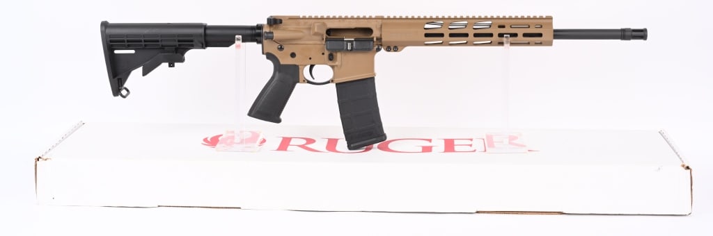 RUGER AR-556 SEMI AUTO RIFLE WITH BOX: SERIAL NUMBER: 1852-86292. BARREL: 16". CALIBER: 5.56X45MM. MANUFACTURED: 2022. Standard markings and features. Standard weight barrel with "1-8" twist rate. Full cage flash hider. Flat top upper and 