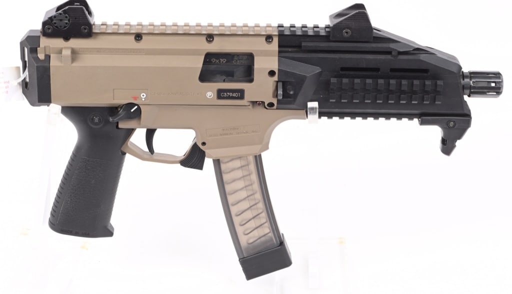 CZ SCORPION EVO 3 S1 SEMI AUTOMATIC PISTOL 9MM: SERIAL NUMBER: C379401. BARREL: 8-1/2". CALIBER: 9MM LUGER. MANUFACTURED: 2017. Made in Czech Republic. Flat top upper with factory iron sights. Two tone black/flat dark earth finish. Black polymer gr