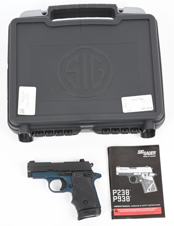SIG SAUER MODEL P238 SEMI AUTO PISTOL WITH CASE: SERIAL NUMBER: 27C002381. 2-3/4". CALIBER: .380 ACP. MANUFACTURED: 2010S. Factory barrel and 3-dot sights. Black anodized slide and blue frame. Factory textured rubber grips. Includes three factory 7 