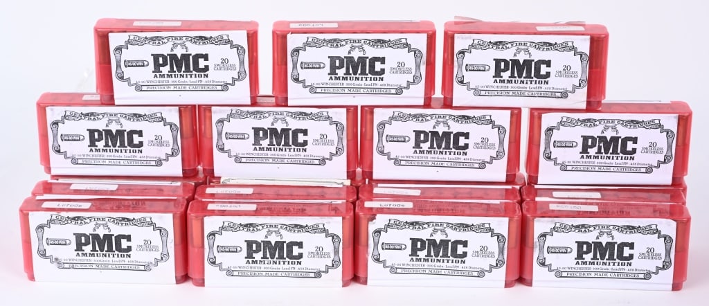 (19) FULL BOXES OF PMC 45-90 CARTRIDGES: 380 TOTAL RDS. All but 3 boxes are still factory sealed. Lead bullets. This ammo currently lists for $90 a box of 20 or $4.50 per round. All factory fresh and loaded for the old Winchester 1886 or 189