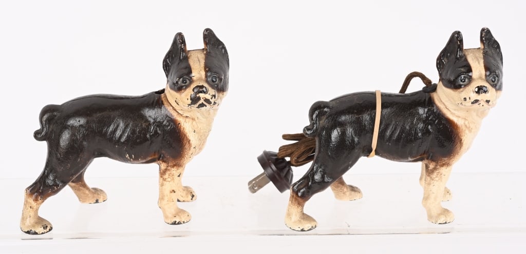 2-VINDEX CAST IRON DOG CIGAR LIGHTER: All original great looking Boston Terrier with nice original paint. Still has electric cord. Plus another one missing lighter and cord. 7" Excellent
