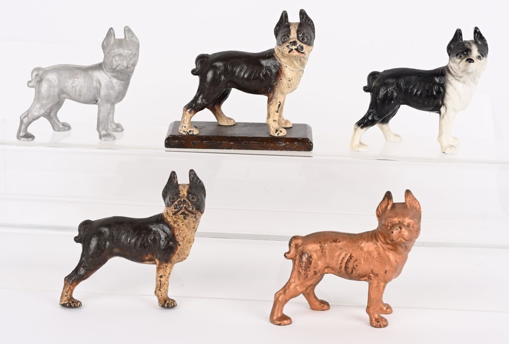 LOT OF CAST BOSTON TERRIERS: Includes Aluminum and Iron Dogs. Dog on base has repair to head. 7" Excellent