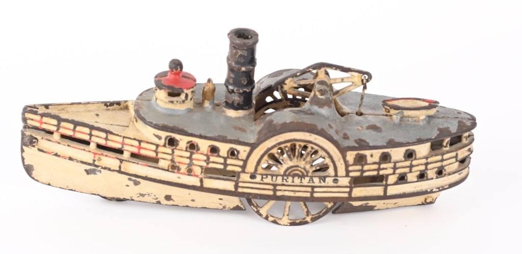 HARRIS CAST IRON PURITAN SIDEWHEEL BOAT: All original with no breaks or repairs. Has decent paint. 11" Excellent