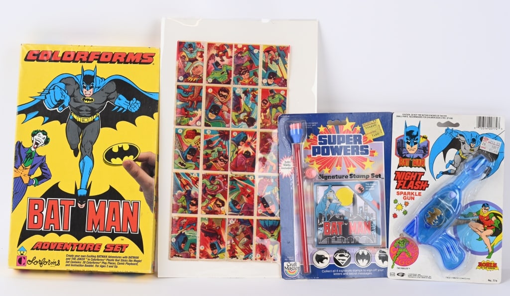 BATMAN LOT: Includes Batman Colorforms complete set, Super Powers Batman Signature Stamp Set, Batman Night Flash Sparkling Gun, and Batman Transfers. Excellent