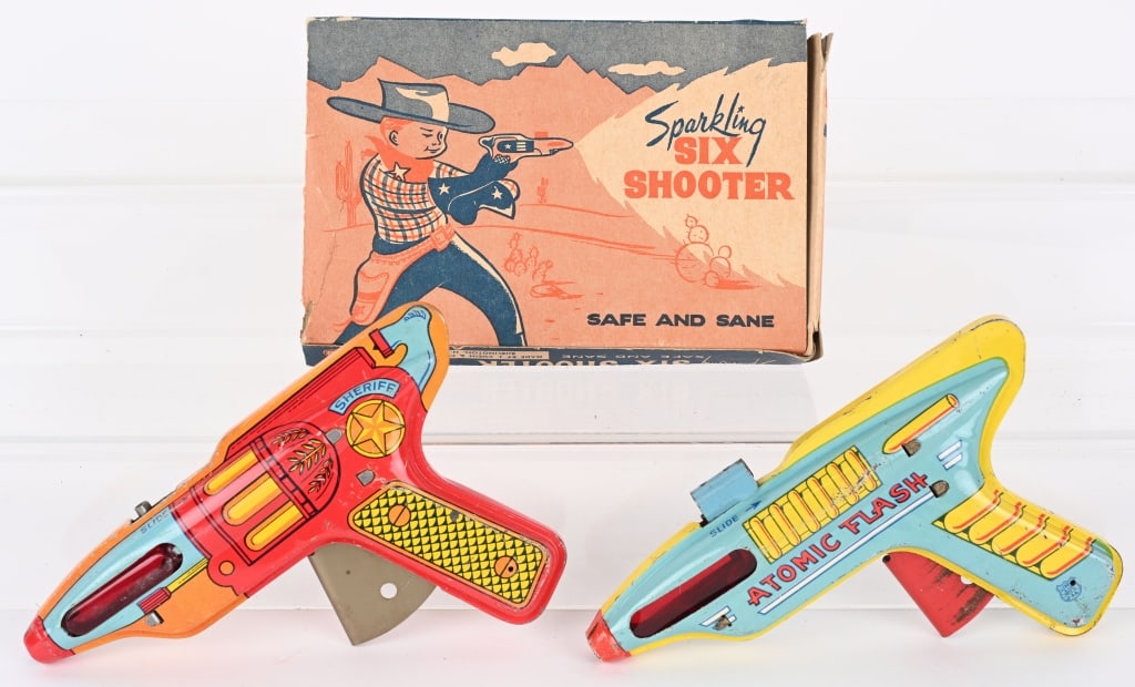 CHEIN ATOMIC FLASH PISTOL & SIX SHOOTER: Chein Six Shooter with Box and Atomic Flash Pistol. Both all original with nice colors and work. 7 1/2" Excellent