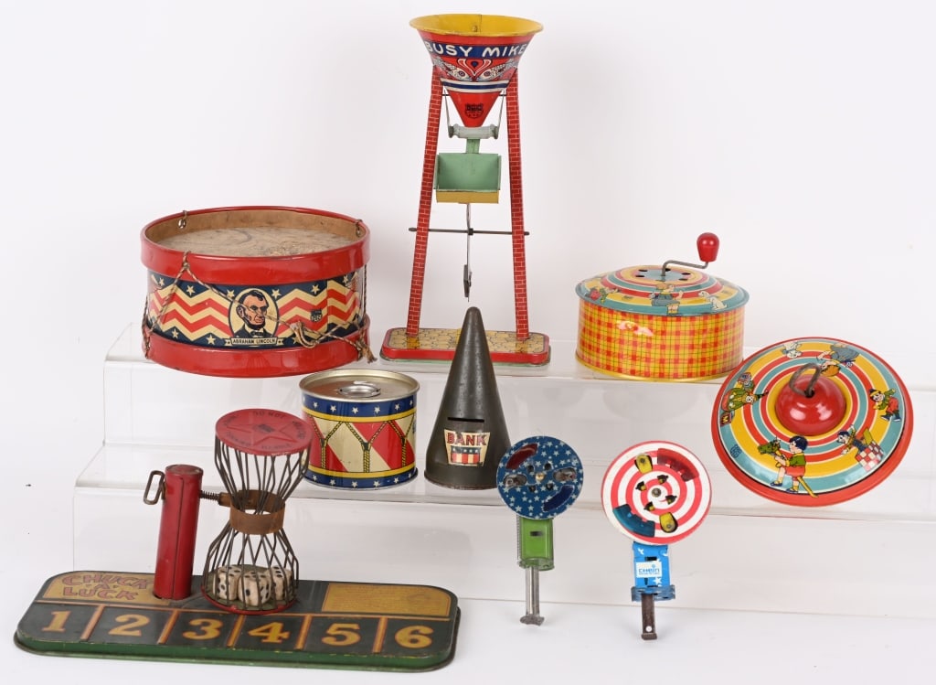 CHEIN BANKS, TOPS, DRUM, & MORE: Nice lot includes Banks, Top, Sparklers, Sand Toy, Chuck a Luck, and More. Excellent