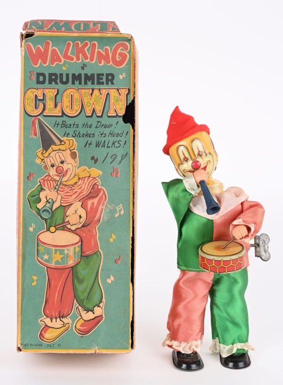 JAPAN TIN WINDUP WALKING DRUMMER CLOWN w/ BOX (1 of 5)