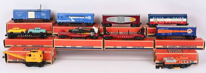 10- LIONEL O GAUGE ROLLING STOCK w/ BOXES: Includes Nos:3424, 3360 3927, 3530, 6424-60, 6464-400, 6464-375, 6800, 6464, and 6467. Condition varies.