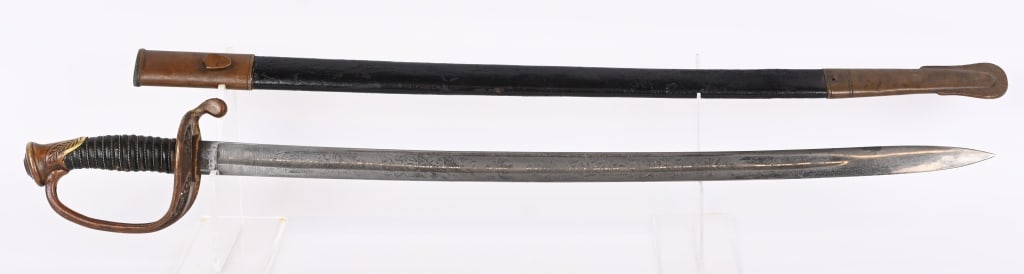 CIVIL WAR USMC NCO'S SWORD BY HORSTMAN & SONS: 28" blade length. 36" overall with scabbard and hilt. Bright blade with leather and wire wrapped hilt and brass guard with floral embellishments in leather scabbard with brass locket and drag. Single 