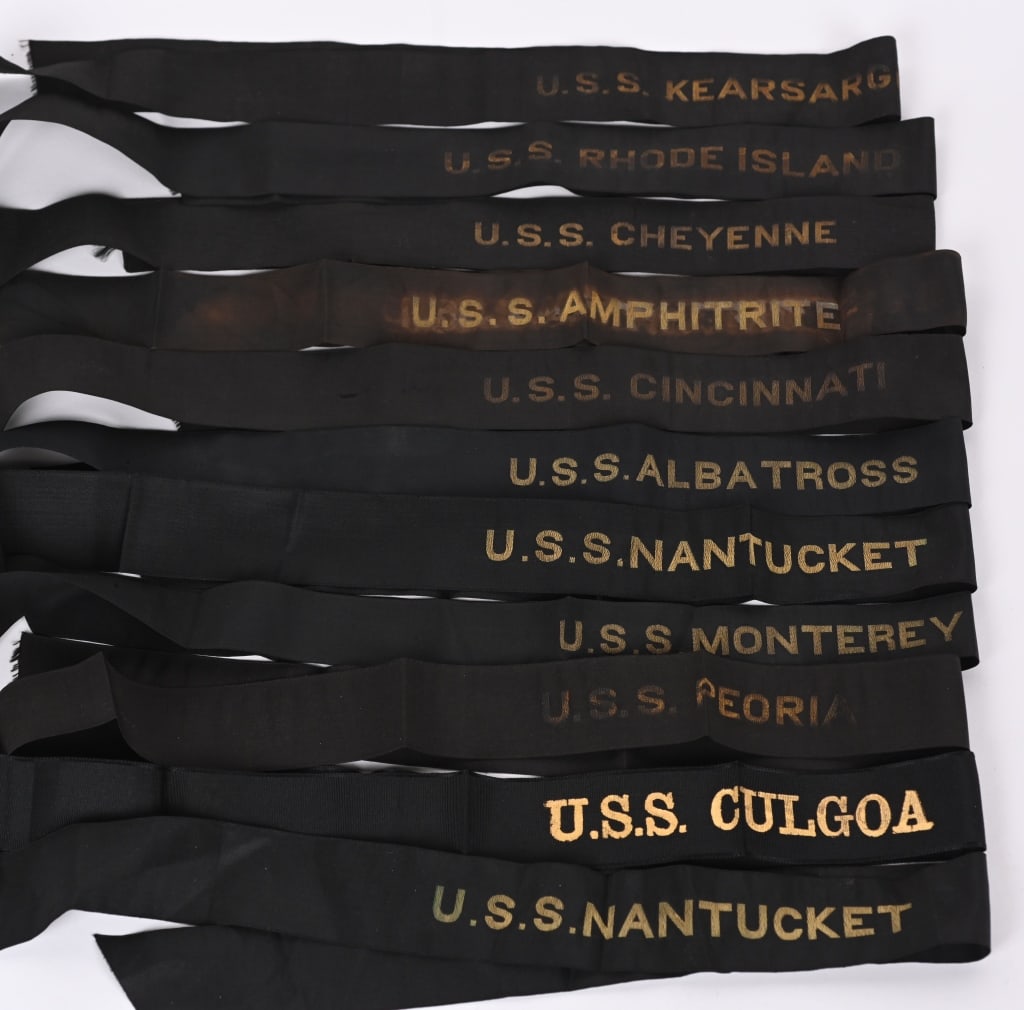 SPAN AM PERIOD US NAVY CAP TALLEY LOT BATTLESHIP: Large lot of early US Navy Cap Ship Talleys to include 1) USS PEORIA and is full length The Peoria, a converted steel gunboat, was built as the pilot boat Philadelphia by Neafie and Levy ship and engi