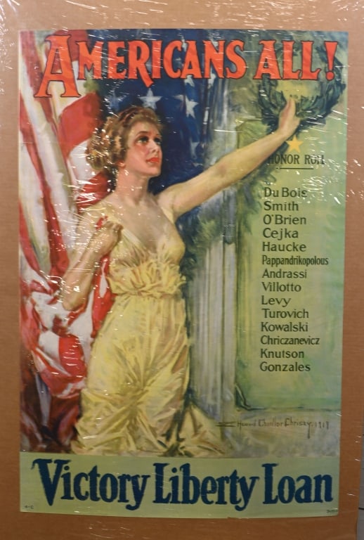 WWI AMERICANS ALL VICTORY LIBERTY LOAN POSTER WW1: Nice original Americans All Victory Liberty Loan Poster. Great image of Lady Liberty. Artist Howard Chandler Chrissy 1919. 40"x27" Excellent. During World War I, the U.S. government needed to raise mo