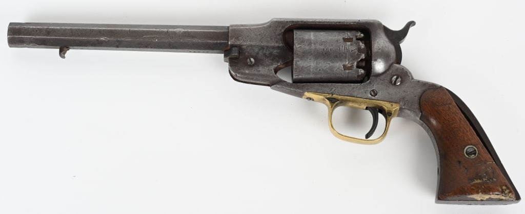 CIVIL WAR OLD ARMY MODEL REMINGTON REVOLVER: SERIAL NUMBER: 23417, BARREL: 8-inch octagon, front sight is missing as well as the Loading Lever. CALIBER:.44 caliber percussion, 6-shot. Barrel marked 2-lines: "PATENTED SEPTEMBER 14, 1858 / E. REMI