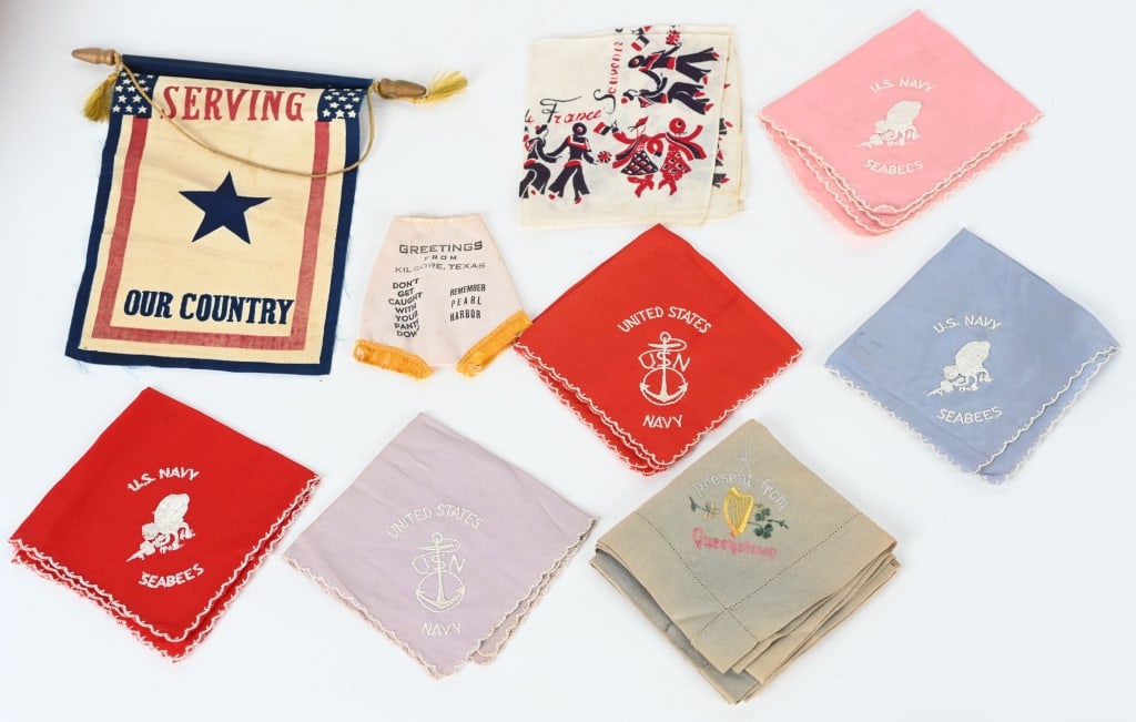 WWII US NAVY & SEEBEE HOMEFRONT LOT WW2: WWII Homefront items to include Handkerchiefs of the US Navy and the Seabees, Serving Our Country Window Flag, Handkerchief from Queenstown, Handkerchief Souvenir from France, Don't get caught with yo