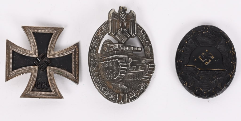 WWII NAZI GERMAN MEDAL LOT PANZER BADGE EKI WOUND: WWII Nazi German Medal lot to include 1)?WWII NAZI GERMAN IRON CROSS 1ST CLASS L/13.?1939 pattern, die struck, three piece, iron and nickel/silver plated alloy construction Patt?e style cross with a s