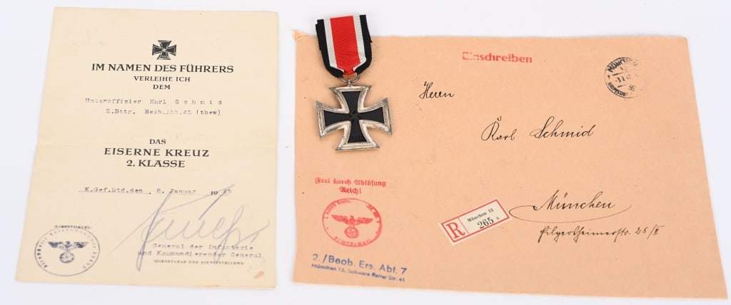 WWII NAZI GERMAN IRON CROSS MEDAL & AWARD DOCUMENT: WWII Nazi German 2nd Class Iron Cross with Award Document with Registered Mail Envelope?all named to the same?soldier. The 2nd Class Iron Cross is in excellent condition.?1939 pattern, die struck, thr