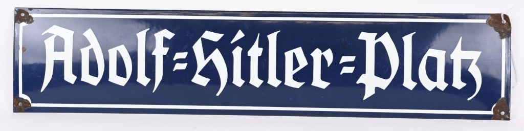 WWII GERMAN ENAMEL STREET SIGN ADOLF HITLER PLATZ: WWII GERMAN ENAMEL STREET SIGN "Adolf Hitler Platz" NICE BLUE ENAMEL CITY SQUARE SIGN . SOME ENAMEL CHIPPING AND BENDS AROUND MOUNTING HOLES AREAS. SOME RUST SPOTS ON THE REVERSE. THE SIGN IS VAULTED 