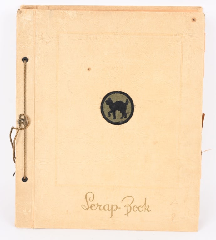 WWII US ARMY 81ST DIVISION SCRAP BOOK PHOTO ALBUM: Large scrapbook with newspaper clipping, photos, documents, letters and other ephemera. The soldier to whom this album belonged proudly served with the 81st Infantry Division. Excellent. Wor