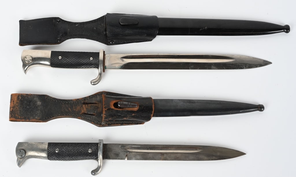 WWII NAZI GERMAN DRESS BAYONET LOT OF 2 WW2: WWII Nazi German Dress Bayonet lot to include 1) WEHRMACHT EM/NCO'S DRESS BAYONET. Private purchase long model dress bayonet. 25cm long nickel/silver plated blade with wide fullers. Nice clean blade.?