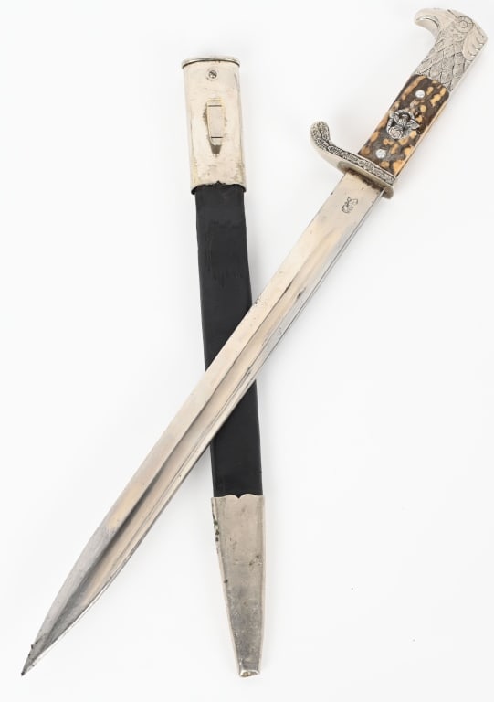WWII NAZI GERMAN POLIZEI STAG GRIP BAYONET WW2: Early, shortened, reissued, long model, M98/05 Prussian police un-slotted dress bayonet. Roughly 33cm long, bright, nickel/silver plated, drop forged steel blade has full length fullers running off th
