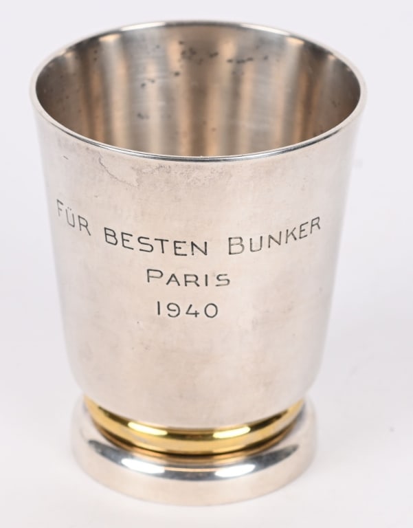 WWII NAZI GERMAN SHOOTING SILVER CUP PARIS 1940: WWII Nazi German Shooting cup in silver by Christofle and is beautifully hallmarked to the bottom by the Silversmith as well as the Goldsmith and the companies firm name. Cup measures 3 3/8 inches tal