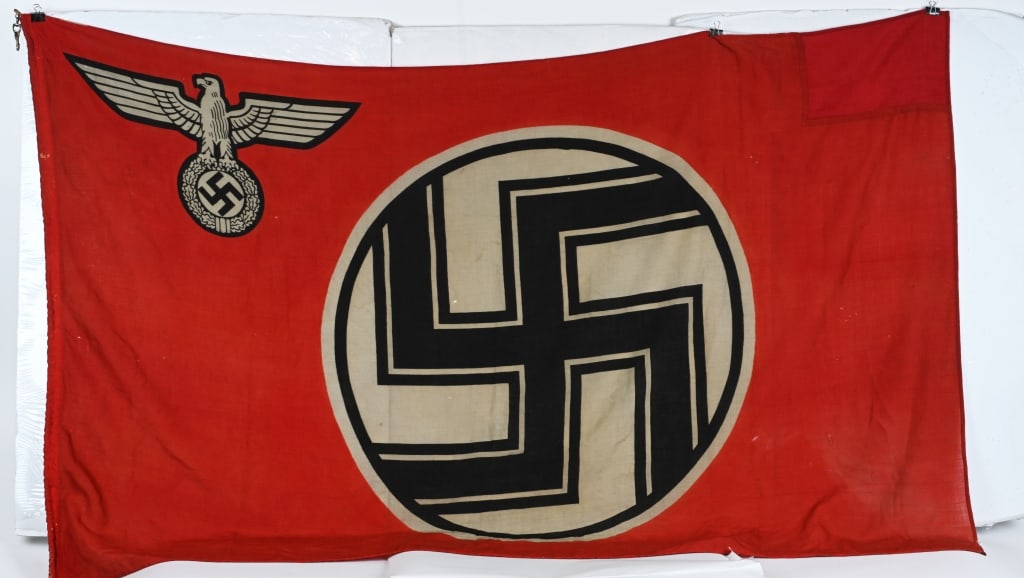 WWII NAZI GERMAN ARMY STATE SERVICE FLAG WW2: WW2 German double sided wool construction printed flag. The flag features a red base field with a white centered circular field and a black and white bordered black static swastika at the center and a