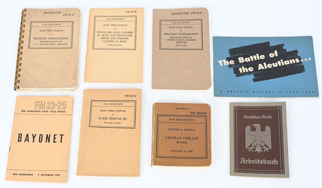 WWII US RARE MANUALS COLT REVOLVER BAYONET MORTARS: WWII Ephemera to include 1) FM 23-36 Basic Field Manual for the Revolver, Colt, Caliber .45, M1917, and Revolver, Smith and Wesson, Caliber .45 M1917. Manual is dated October 20th, 1941 2) Field Manua