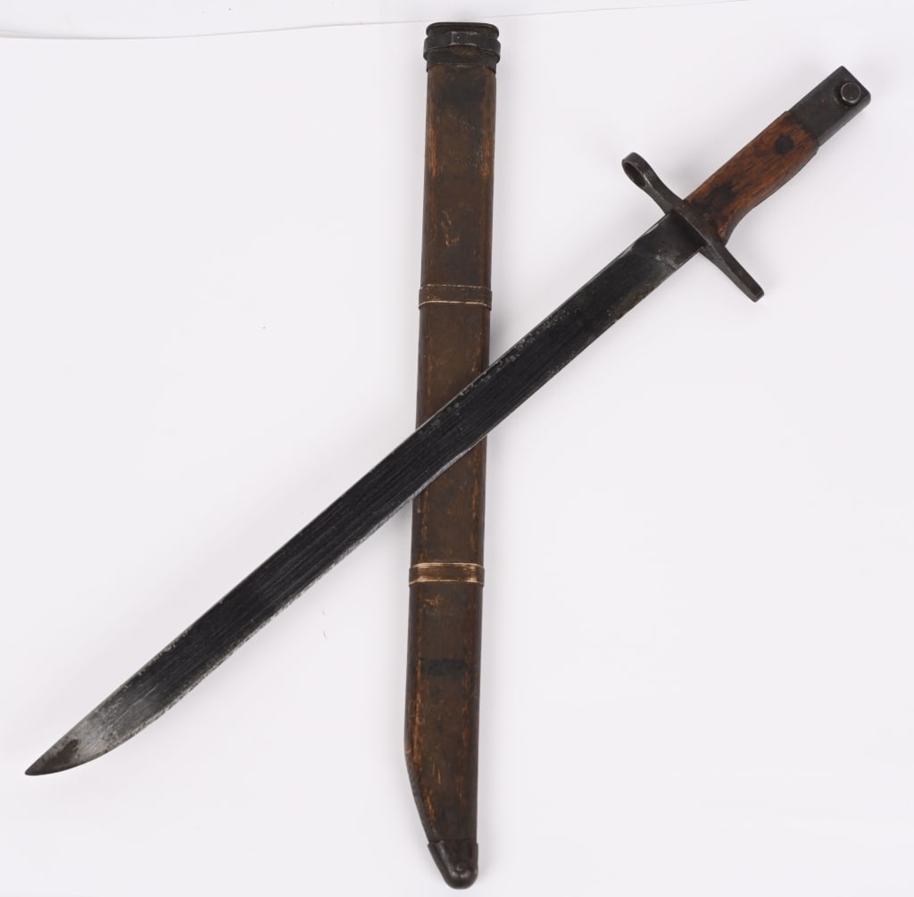 WWII JAPANESE INFANTRY TYPE 30 BAYONET W/ SCABBARD: Beautiful condition Japanese Type 30 bayonet with wood scabbard for an Arisaka rifle. This bayonet is variation "H" and has no blood line. Made at the Toyoda Jidoshoki Seisakusho (Toyoda Automatic Loo