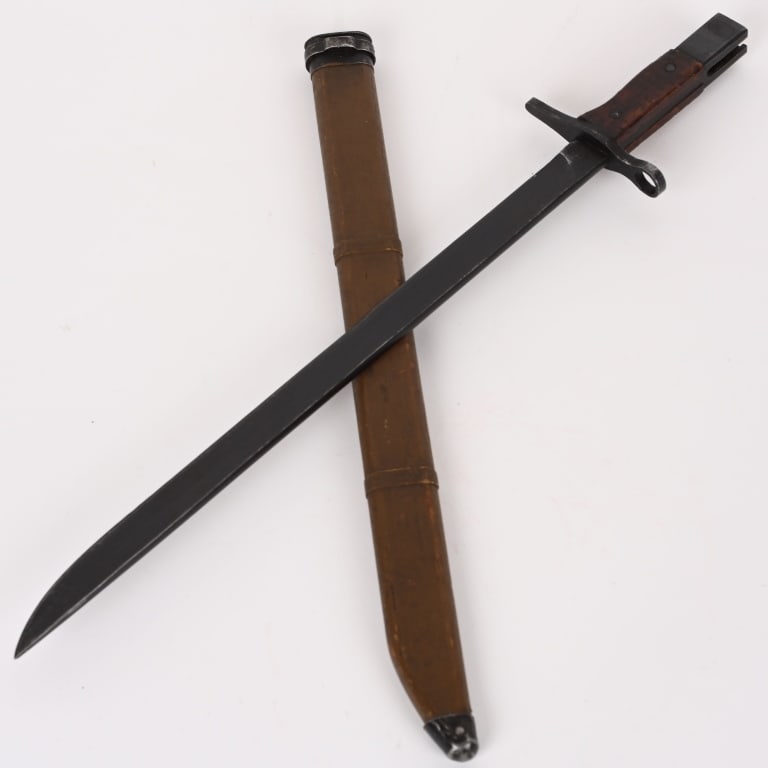 WWII JAPANESE INFANTRY TYPE 30 BAYONET W/ SCABBARD: Beautiful condition Japanese Type 30 bayonet with wood scabbard for an Arisaka rifle. This bayonet is variation "H" and has no blood line. Made at the Toyoda Jidoshoki Seisakusho (Toyoda Automatic Loo